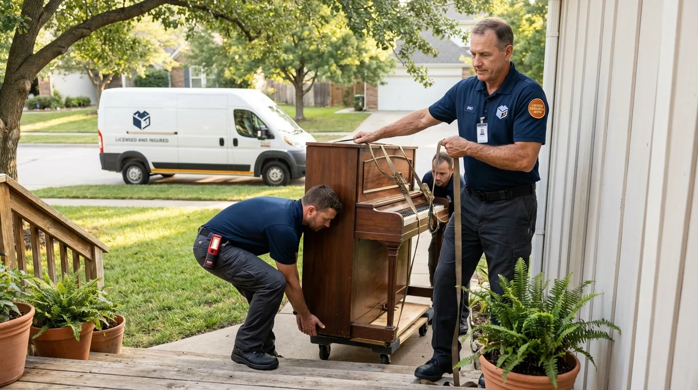 Licensed piano movers securing grand piano in Monmouth, ME