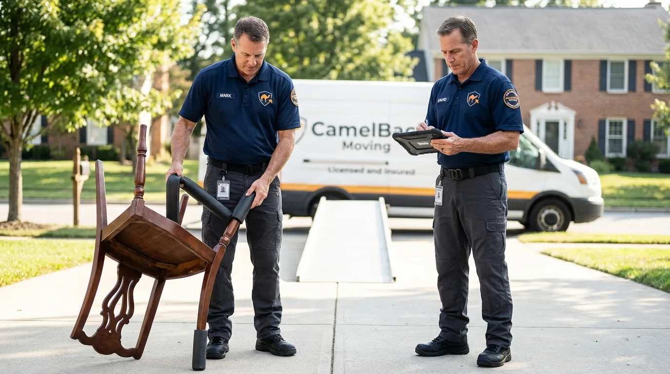 Movers inspecting furniture for damage prevention before loading in Monmouth, ME