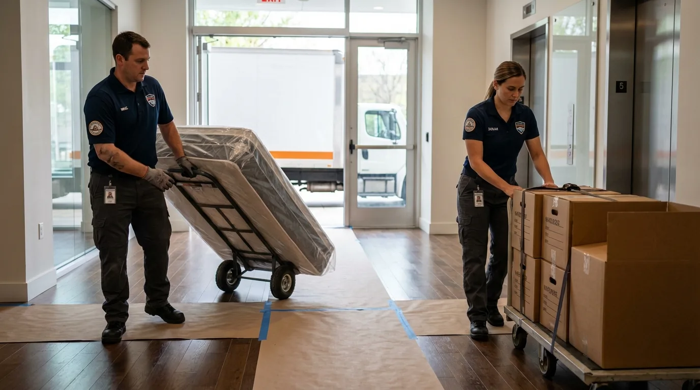 Professional apartment movers loading elevator in Monmouth, ME