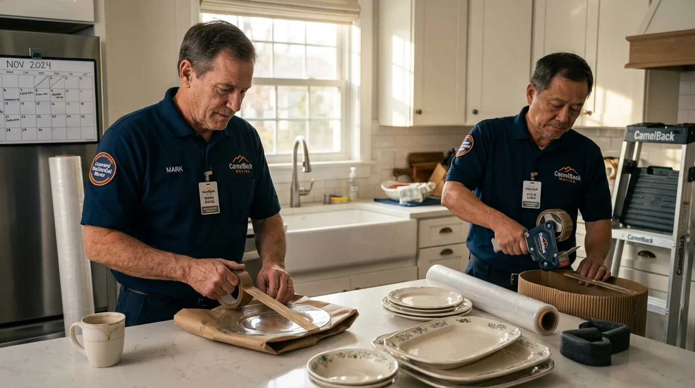 Professional crew packing kitchen dishware in Monmouth, ME